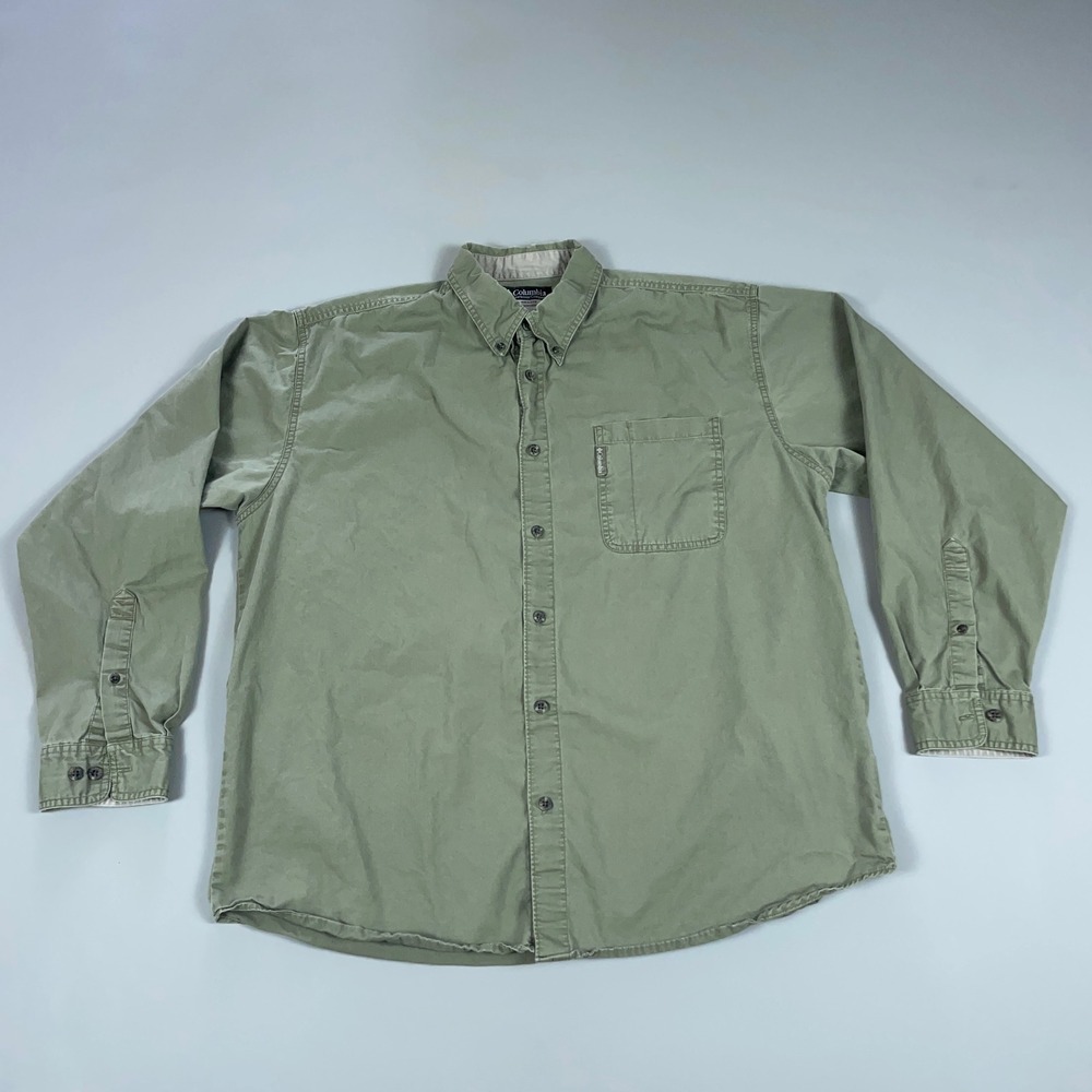 Columbia Mens XL Long Sleeve Button Down Shirt Olive Green Cotton Utility Top